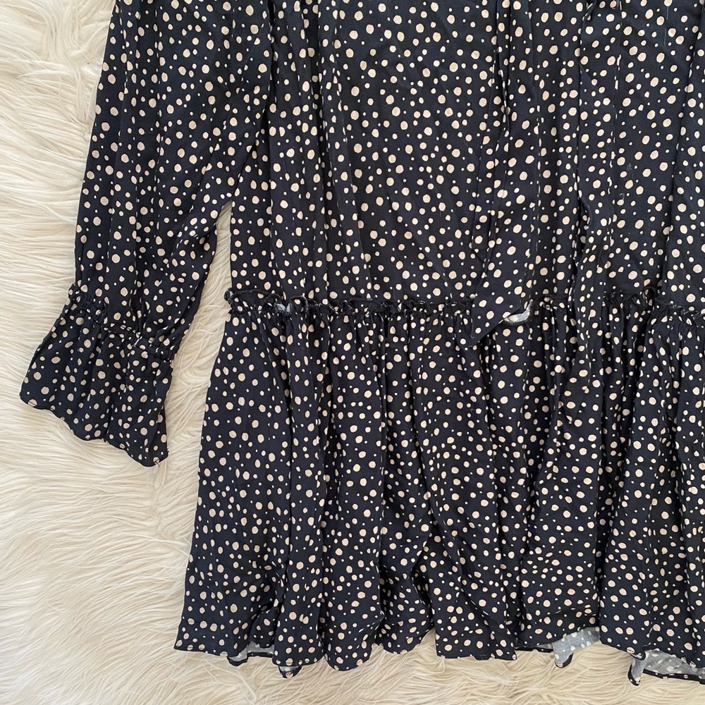11 Honore Black Tan Scatter Polka Dot Long Sleeve Tie V-Neck Flowy Mini Dress - Picture 4 of 12